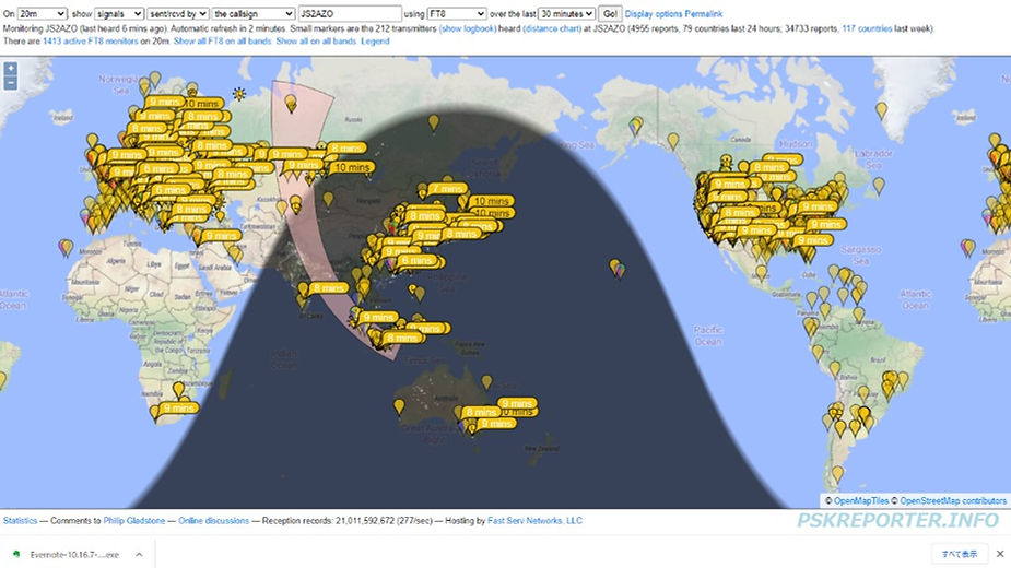PSKReporterの画面で、私が出した電波を受信した局が表示されている。南米以外すべての国まで届いている。